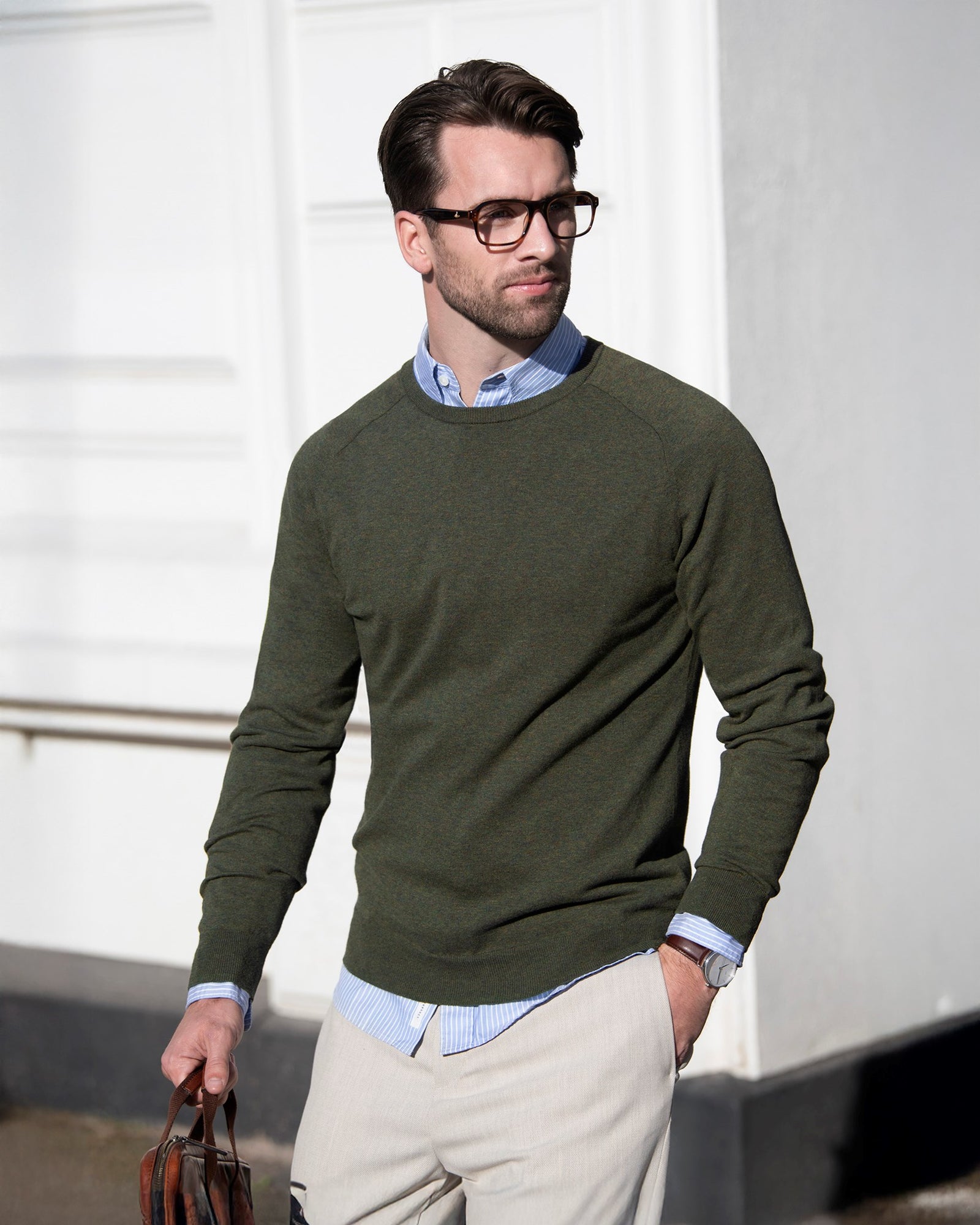 Brighton O Neck Men Olive Melange Back