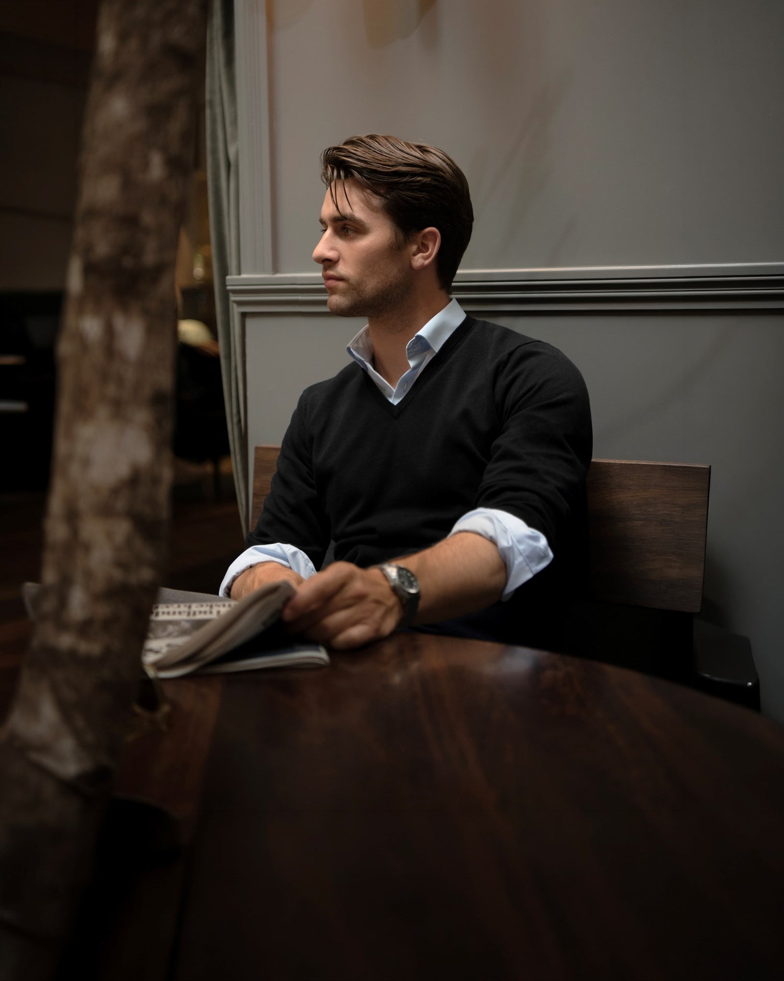 Brighton V Neck Men Olive Melange Back